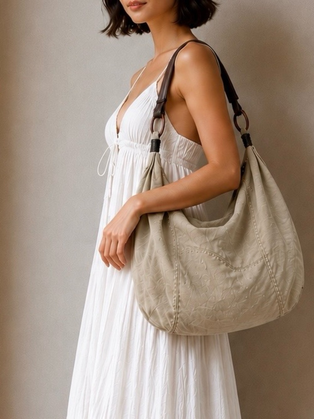 J. Jill Linen Cotton Slouchy Hobo Bag Leather Trim Coastal Boho Purse